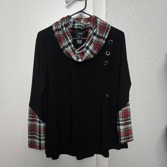 Ali Miles Tops - Ali Miles Cowl Neck Oversized Casual Black Red Plaid Print Pullover Tunic PL